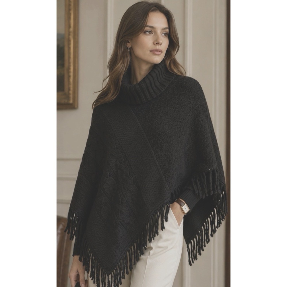 Kenar Womens Wool Sweater Cowl Neck Poncho Cape Chawl Size S Fringe Classic Blac